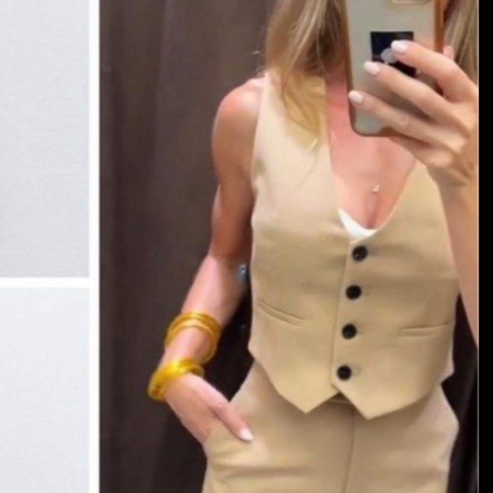 Zara NWT tan camel vest waistcoat with black button front - Picture 5 of 9